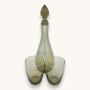 Mid-Century Olive Green Blown Glass Decanter Set - 3 Pieces